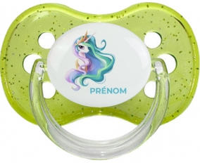 My Little Pony Princesse Célestia design-2 avec prénom : Vert à paillette Tétine embout cerise