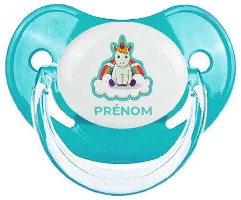 Licorne avec ailes sur nuage avec prénom : Bleue classique Tétine embout physiologique