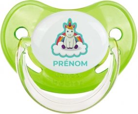 Licorne avec ailes sur nuage avec prénom : Vert classique Tétine embout physiologique