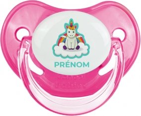 Licorne avec ailes sur nuage avec prénom : Rose classique Tétine embout physiologique