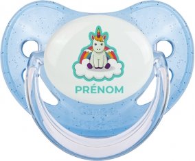 Licorne avec ailes sur nuage avec prénom : Bleue à paillette Tétine embout physiologique
