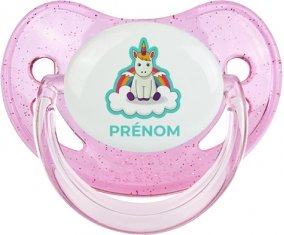 Licorne avec ailes sur nuage avec prénom : Rose à paillette Tétine embout physiologique