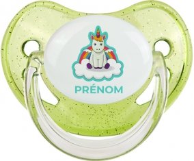 Licorne avec ailes sur nuage avec prénom : Vert à paillette Tétine embout physiologique
