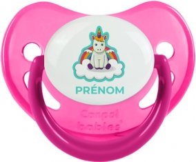 Licorne avec ailes sur nuage avec prénom : Rose phosphorescente Tétine embout physiologique