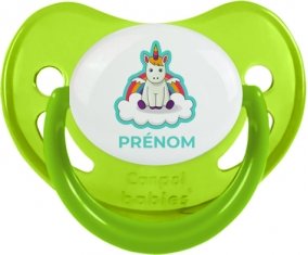 Licorne avec ailes sur nuage avec prénom : Vert phosphorescente Tétine embout physiologique
