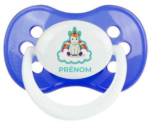 Licorne avec ailes sur nuage avec prénom : Bleu classique Tétine embout anatomique