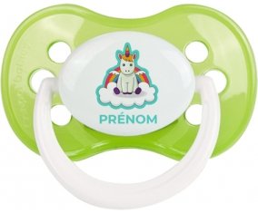 Licorne avec ailes sur nuage avec prénom : Vert classique Tétine embout anatomique