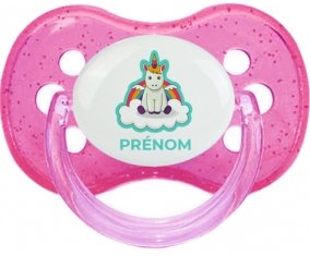 Licorne avec ailes sur nuage avec prénom : Rose à paillette Tétine embout cerise
