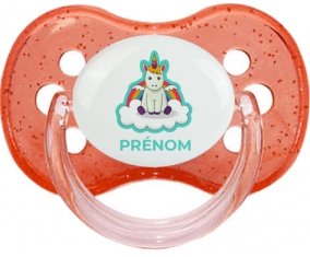 Licorne avec ailes sur nuage avec prénom : Rouge à paillette Tétine embout cerise