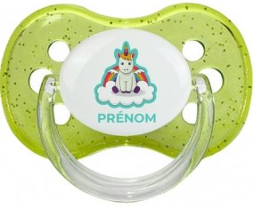 Licorne avec ailes sur nuage avec prénom : Vert à paillette Tétine embout cerise