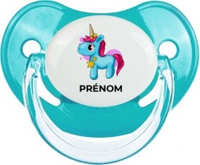 Licorne bleue rose avec prénom : Sucette Physiologique personnalisée