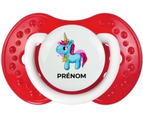 Licorne bleue rose avec prénom : Blanc-rouge classique Tétine embout Lovi Dynamic