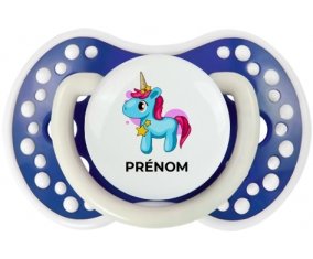 Licorne bleue rose avec prénom : Bleu-marine phosphorescente Tétine embout Lovi Dynamic