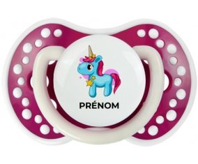 Licorne bleue rose avec prénom : Fuchsia phosphorescente Tétine embout Lovi Dynamic