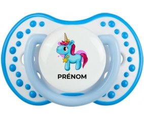 Licorne bleue rose avec prénom : Blanc-bleu phosphorescente Tétine embout Lovi Dynamic