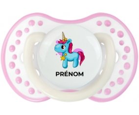 Licorne bleue rose avec prénom : Blanc-rose phosphorescente Tétine embout Lovi Dynamic