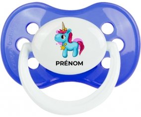 Licorne bleue rose avec prénom : Sucette Anatomique personnalisée