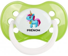 Licorne bleue rose avec prénom : Vert classique Tétine embout anatomique