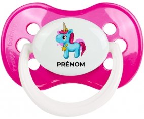 Licorne bleue rose avec prénom : Rose foncé classique Tétine embout anatomique