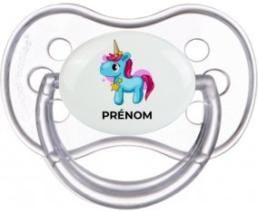 Licorne bleue rose avec prénom : Transparente classique Tétine embout anatomique