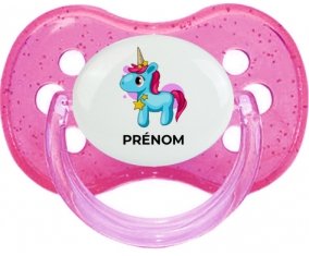 Licorne bleue rose avec prénom : Rose à paillette Tétine embout cerise