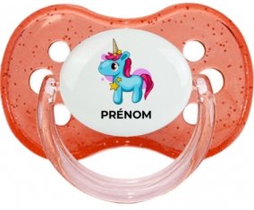 Licorne bleue rose avec prénom : Rouge à paillette Tétine embout cerise