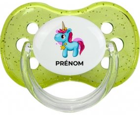 Licorne bleue rose avec prénom : Vert à paillette Tétine embout cerise