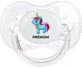 Licorne bleue rose avec prénom : Transparent classique Tétine embout cerise
