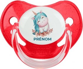 Licorne turquoise avec prénom : Rouge à paillette Tétine embout physiologique