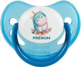 Licorne turquoise avec prénom : Bleue phosphorescente Tétine embout physiologique