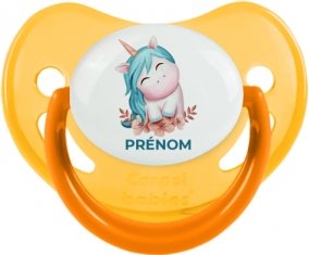 Licorne turquoise avec prénom : Jaune phosphorescente Tétine embout physiologique