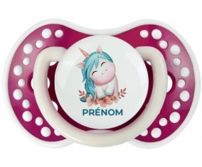 Licorne turquoise avec prénom : Fuchsia phosphorescente Tétine embout Lovi Dynamic