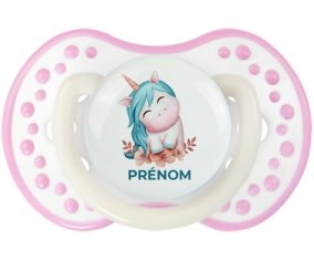 Licorne turquoise avec prénom : Blanc-rose phosphorescente Tétine embout Lovi Dynamic