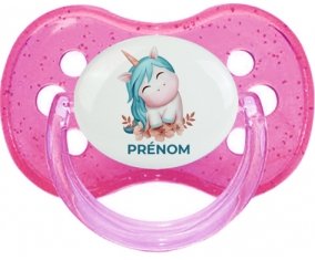 Licorne turquoise avec prénom : Rose à paillette Tétine embout cerise