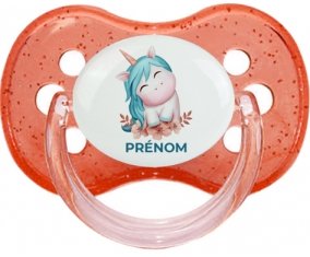Licorne turquoise avec prénom : Rouge à paillette Tétine embout cerise