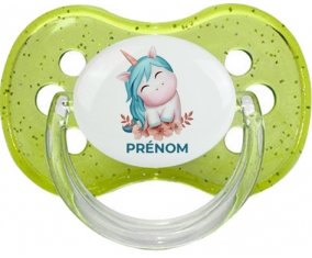 Licorne turquoise avec prénom : Vert à paillette Tétine embout cerise