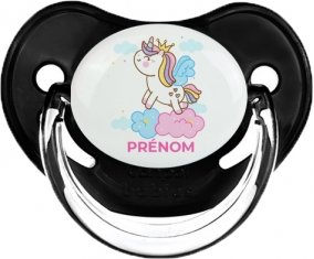 Licorne avec couronne sur nuage avec prénom : Noir classique Tétine embout physiologique