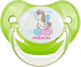 Licorne avec couronne sur nuage avec prénom : Vert classique Tétine embout physiologique