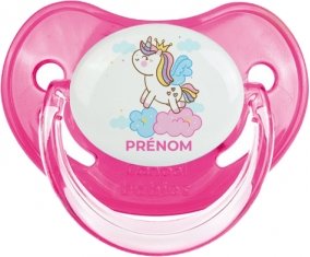 Licorne avec couronne sur nuage avec prénom : Rose classique Tétine embout physiologique