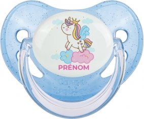 Licorne avec couronne sur nuage avec prénom : Bleue à paillette Tétine embout physiologique