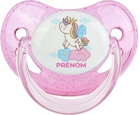 Licorne avec couronne sur nuage avec prénom : Rose à paillette Tétine embout physiologique