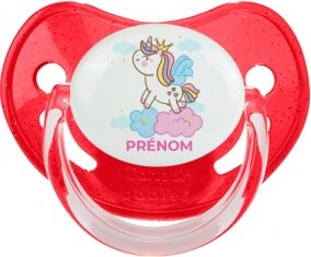 Licorne avec couronne sur nuage avec prénom : Rouge à paillette Tétine embout physiologique