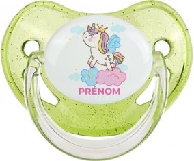Licorne avec couronne sur nuage avec prénom : Vert à paillette Tétine embout physiologique