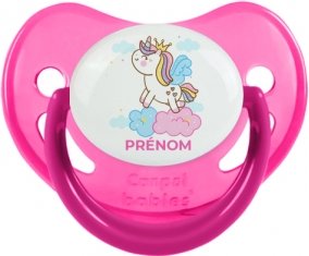 Licorne avec couronne sur nuage avec prénom : Rose phosphorescente Tétine embout physiologique