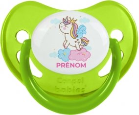 Licorne avec couronne sur nuage avec prénom : Vert phosphorescente Tétine embout physiologique