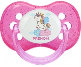 Licorne avec couronne sur nuage avec prénom : Rose à paillette Tétine embout cerise