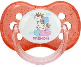 Licorne avec couronne sur nuage avec prénom : Rouge à paillette Tétine embout cerise