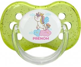 Licorne avec couronne sur nuage avec prénom : Vert à paillette Tétine embout cerise
