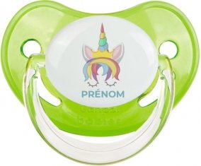 Licorne design-1 avec prénom : Vert classique Tétine embout physiologique
