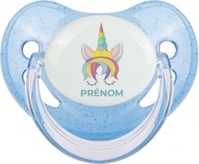 Licorne design-1 avec prénom : Bleue à paillette Tétine embout physiologique